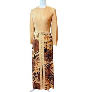 Metallic Gold Maxi Dress Vintage 60s 70s Holiday Party Mod Pop Art Henry-Lee 12